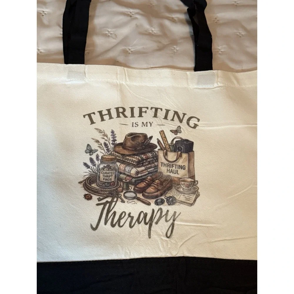 Thick Canvas Tote Bag Double Handles. 15x18.5x4.72. Thrifting Is My Therapy.